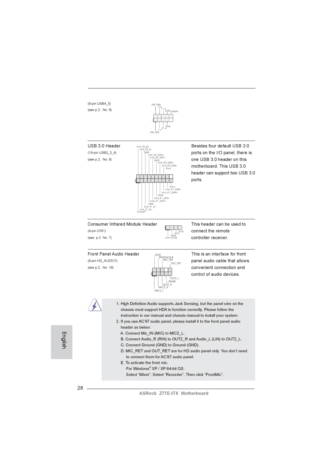 ASRock Z77E-ITX manual USB 3.0 Header, Connect the remote, Controller receiver, Front Panel Audio Header 