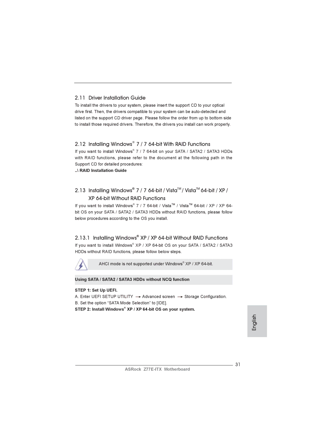 ASRock Z77E-ITX Driver Installation Guide, Installing Windows 7 / 7 64-bit With RAID Functions, RAID Installation Guide 