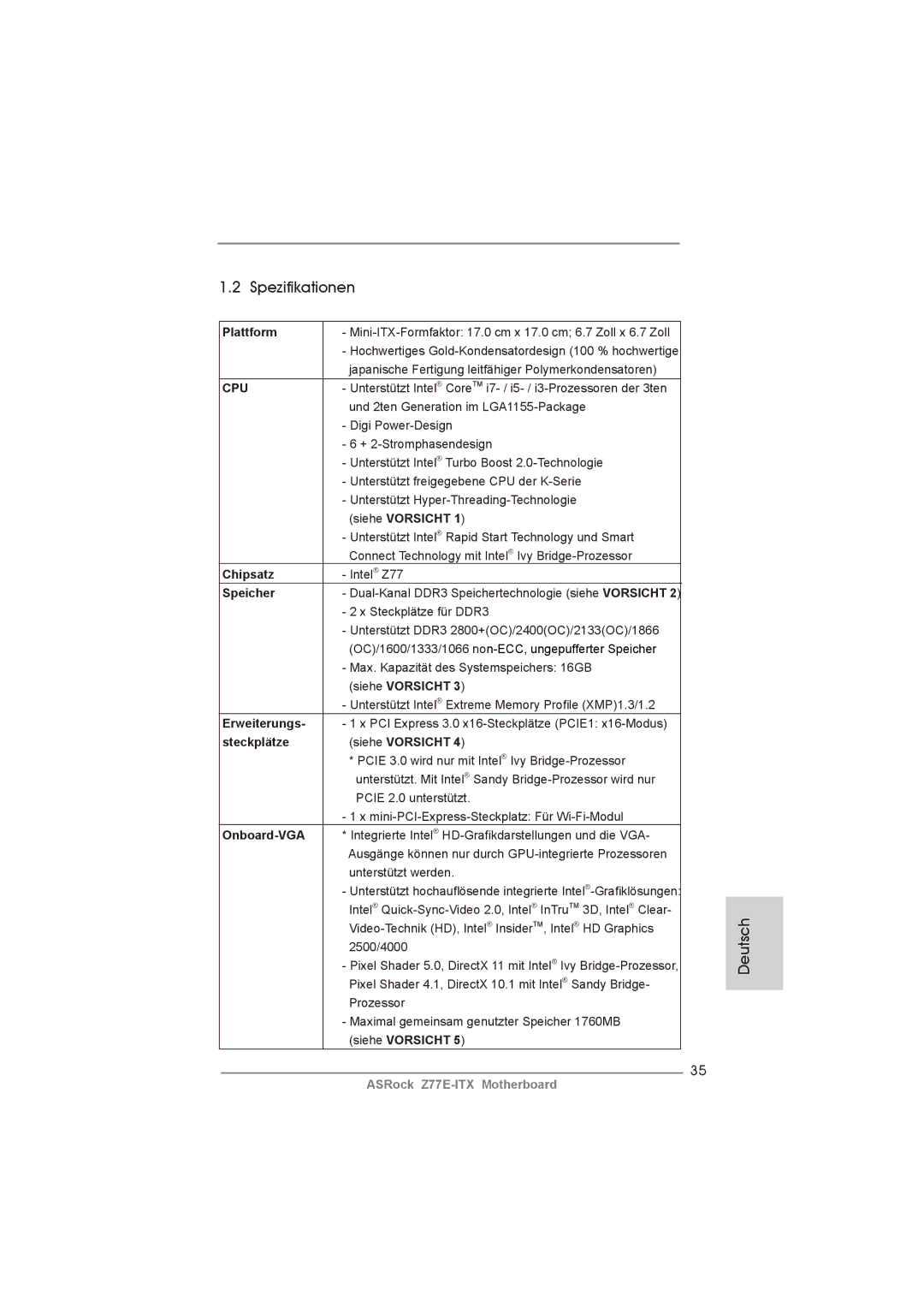 ASRock Z77E-ITX manual Spezifikationen 