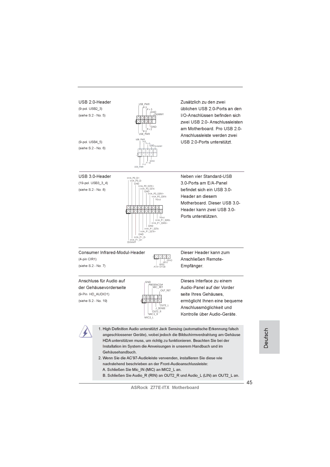 ASRock Z77E-ITX manual USB 2.0-Header, USB 3.0-Header, Anschließen Remote, Empfänger, Anschluss für Audio auf 