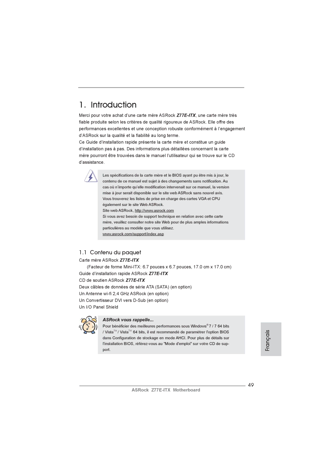 ASRock Z77E-ITX manual Contenu du paquet, Français 