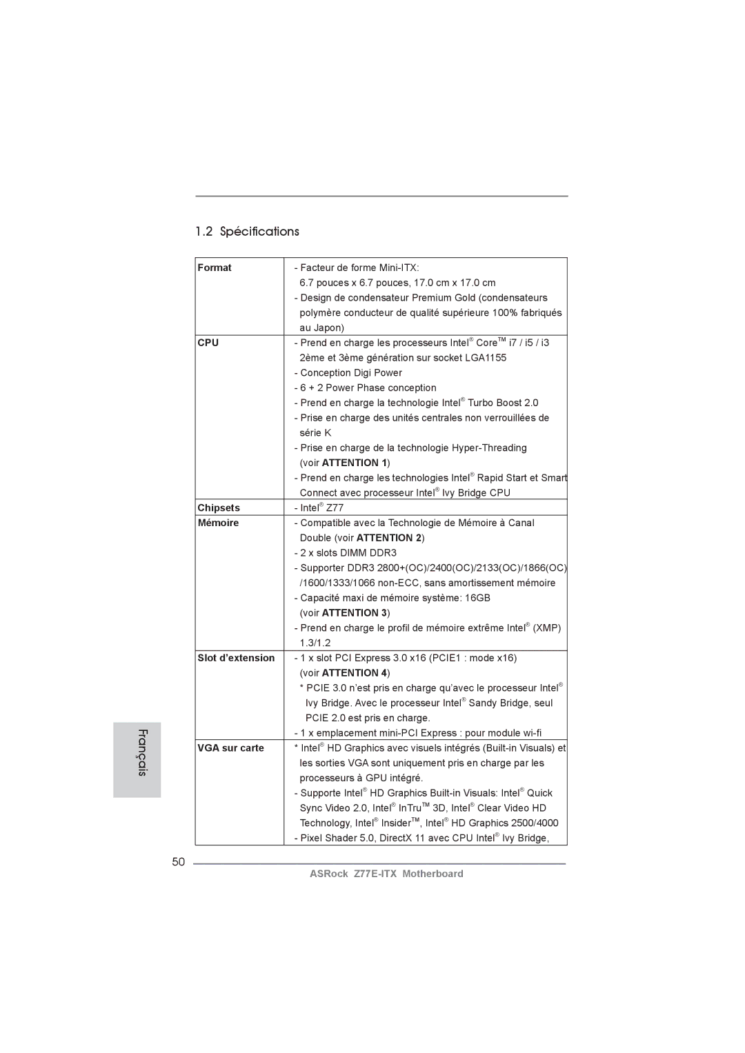 ASRock Z77E-ITX manual Spécifications Français 