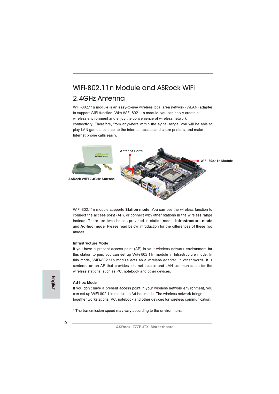 ASRock Z77E-ITX manual Infrastructure Mode, Ad-hoc Mode, Transmission speed may vary according to the environment 