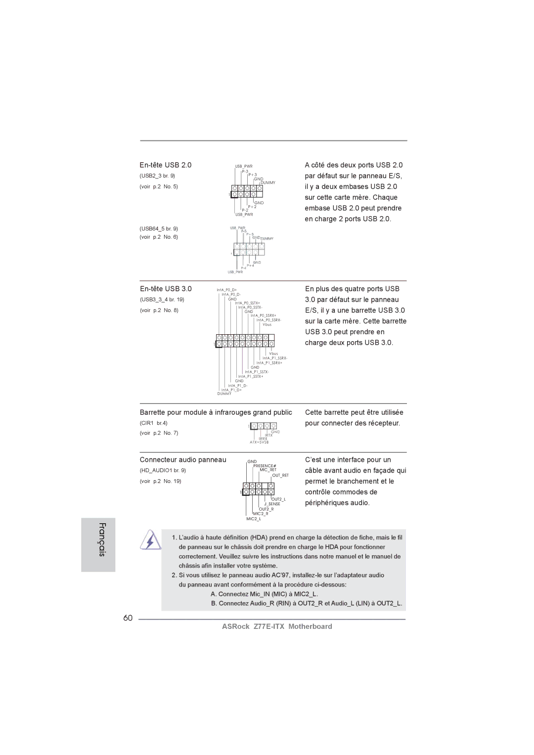 ASRock Z77E-ITX manual En-tête USB, Connecteur audio panneau 
