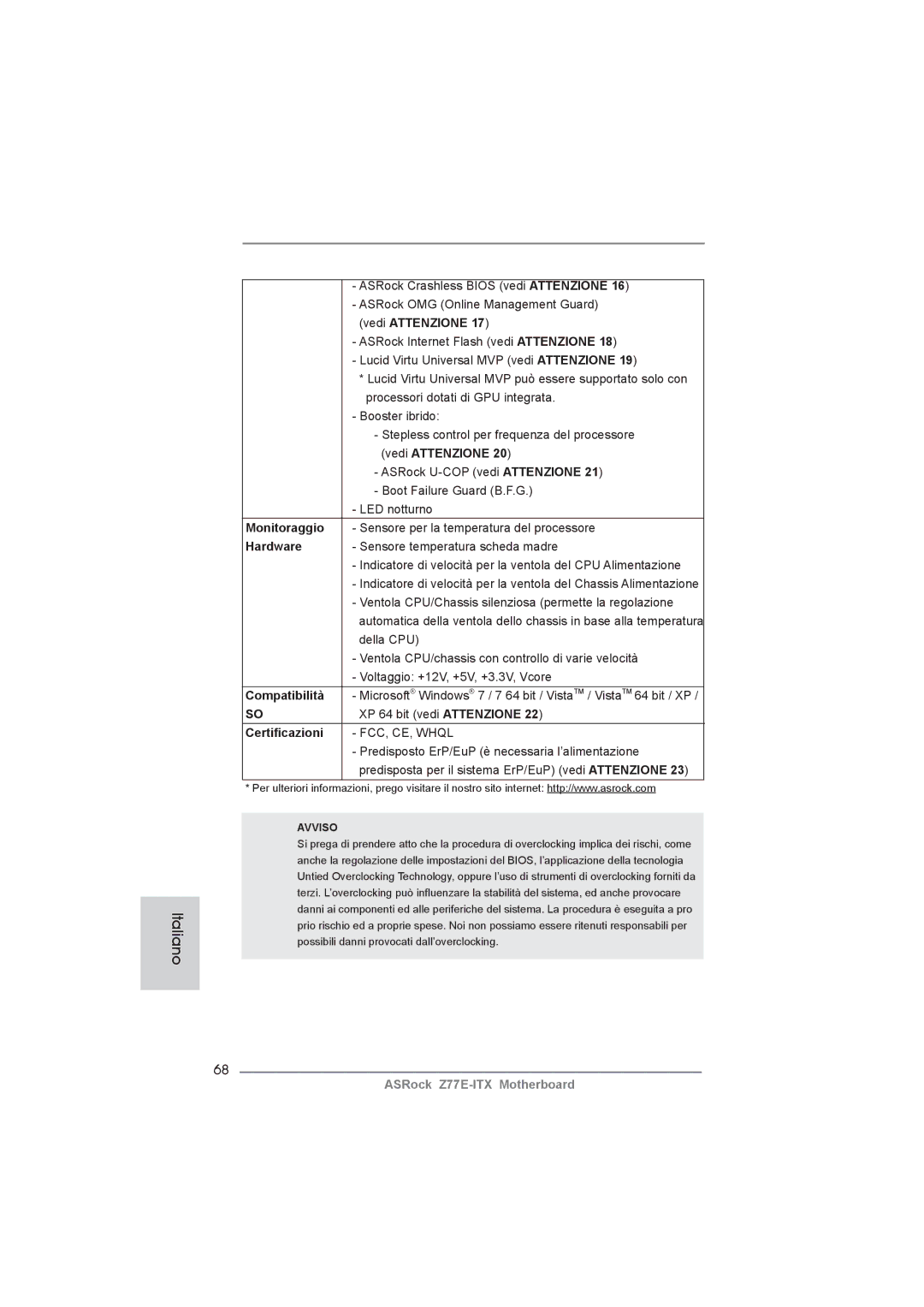 ASRock Z77E-ITX manual Monitoraggio, Compatibilità, Certiﬁcazioni 
