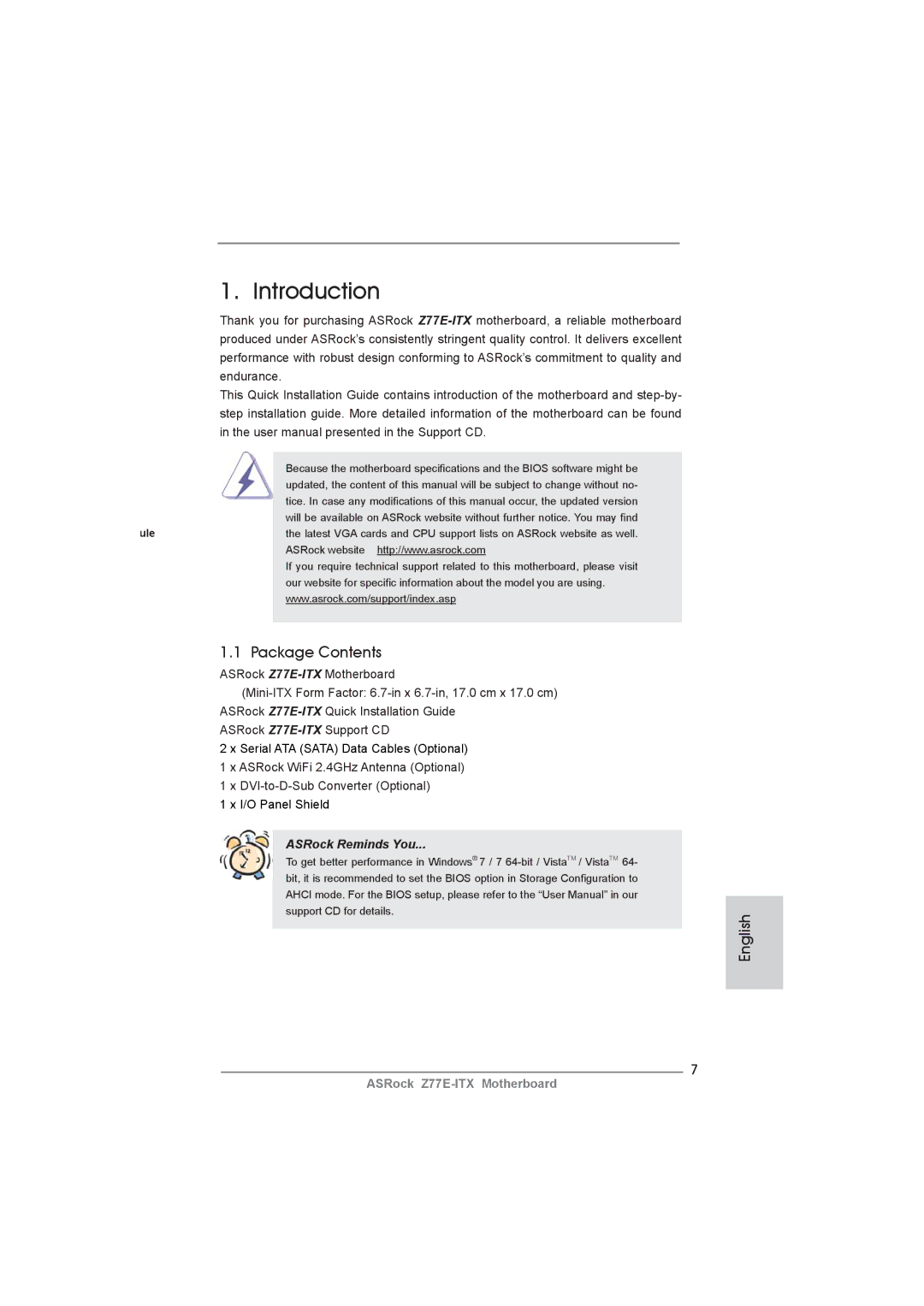 ASRock Z77E-ITX manual Introduction, Package Contents 