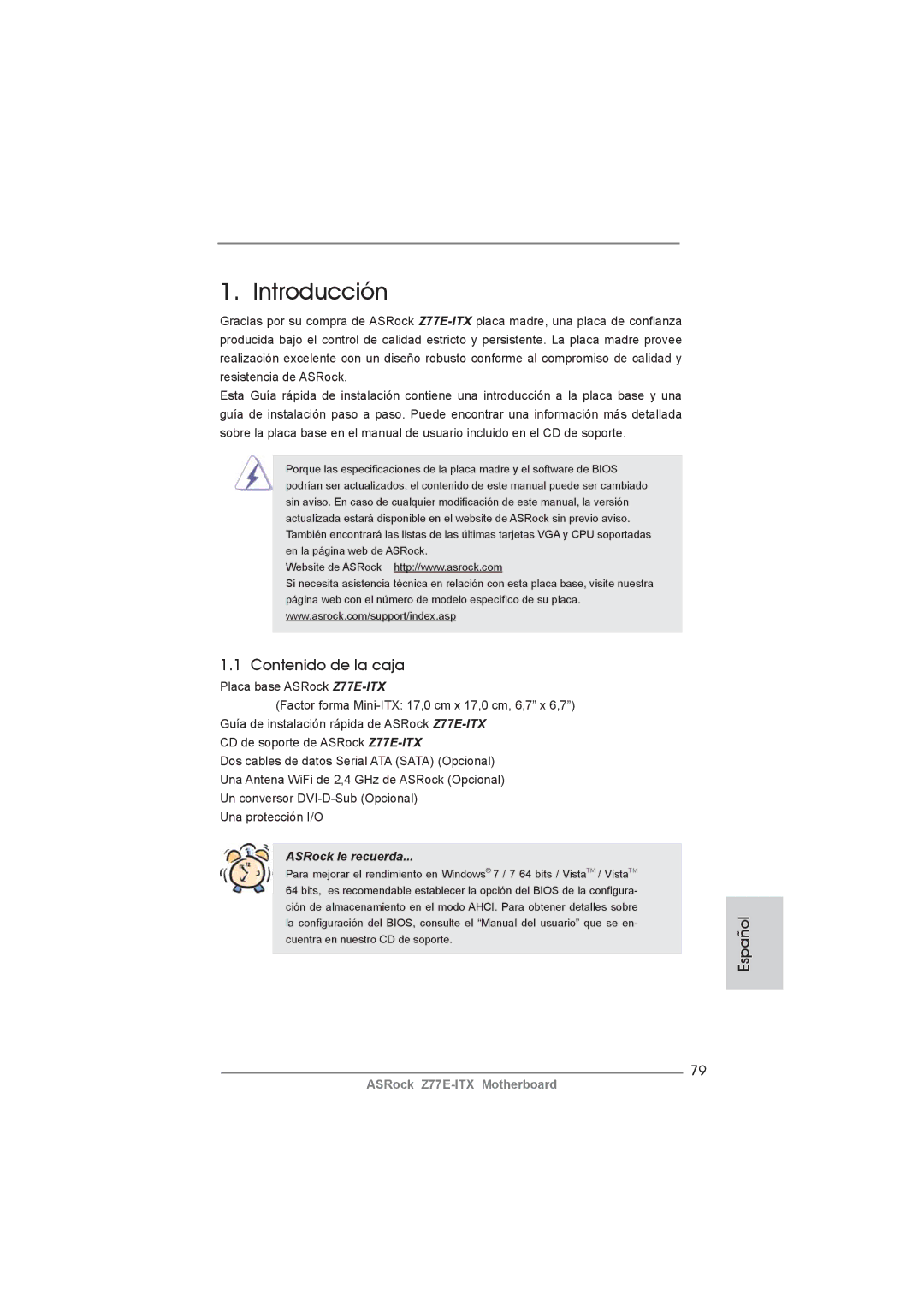 ASRock Z77E-ITX manual Contenido de la caja, Español 