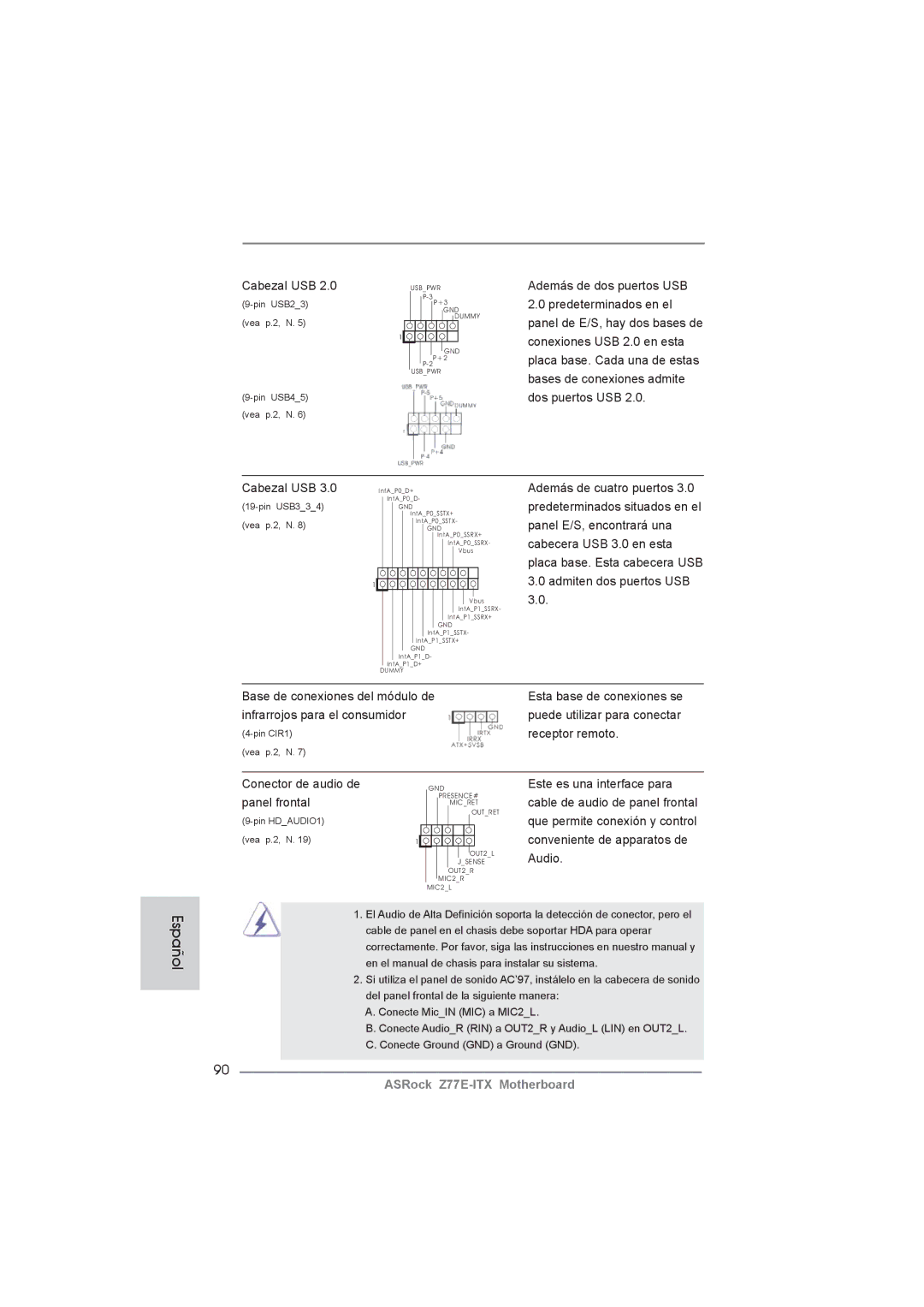 ASRock Z77E-ITX manual Cabezal USB, Infrarrojos para el consumidor, Receptor remoto, Conector de audio de, Panel frontal 