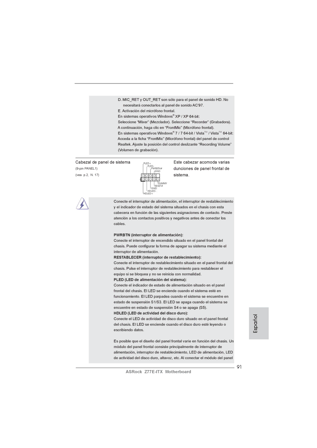 ASRock Z77E-ITX manual Cabezal de panel de sistema, Sistema 