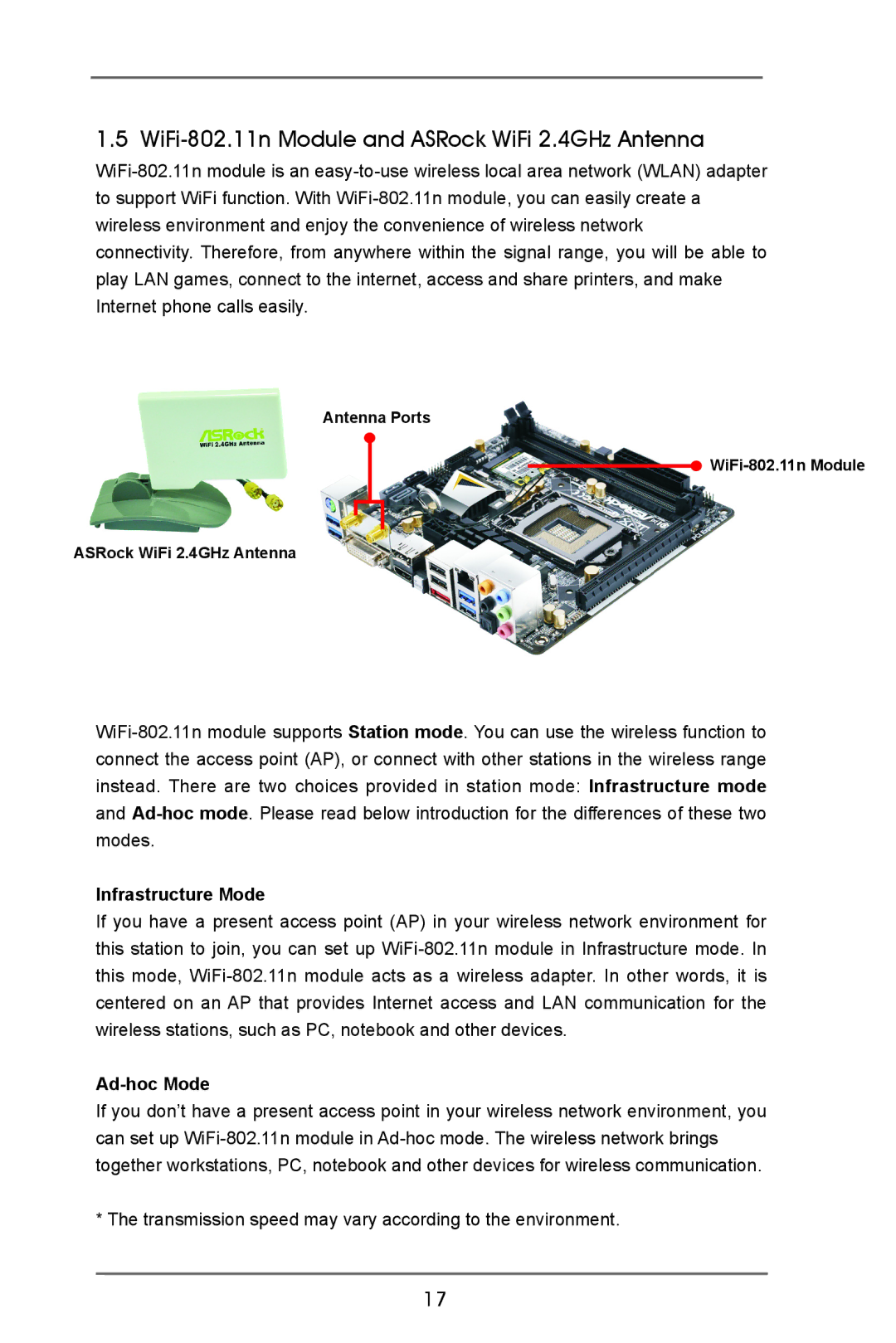 ASRock Z77E-ITX manual WiFi-802.11n Module and ASRock WiFi 2.4GHz Antenna, Infrastructure Mode, Ad-hoc Mode 