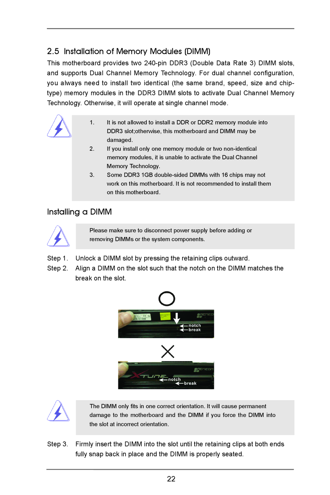 ASRock Z77E-ITX manual Installation of Memory Modules Dimm, Installing a Dimm 