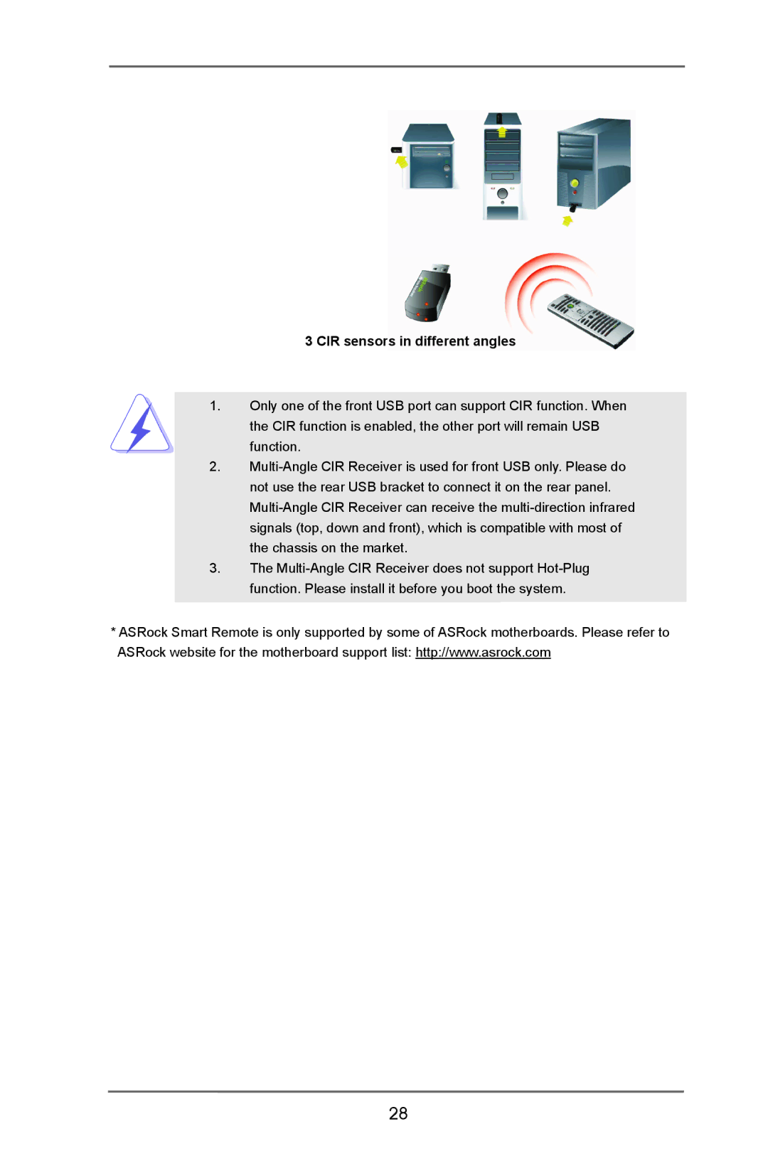 ASRock Z77E-ITX manual CIR sensors in different angles 