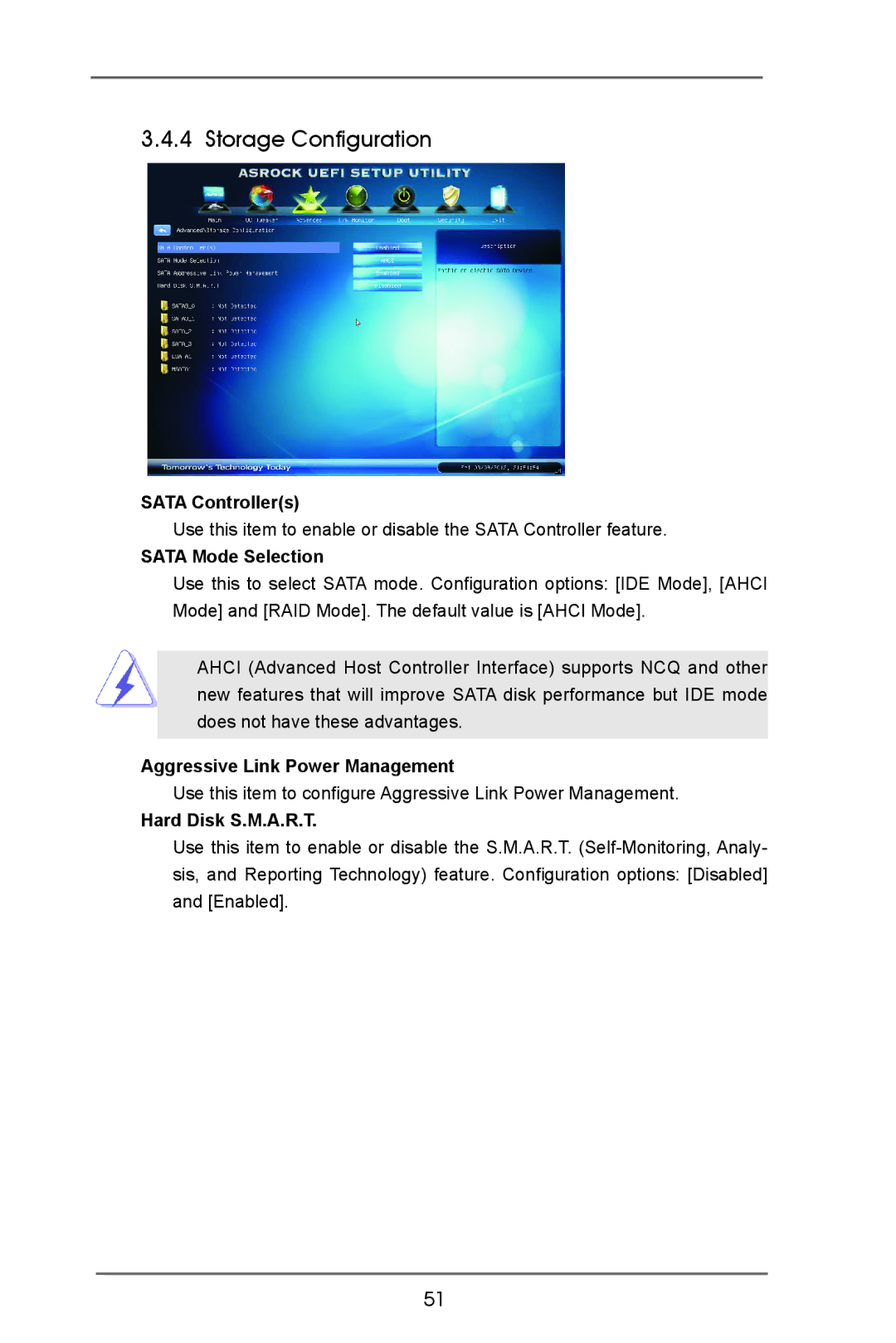 ASRock Z77E-ITX manual Storage Configuration, Sata Controllers, Sata Mode Selection, Aggressive Link Power Management 