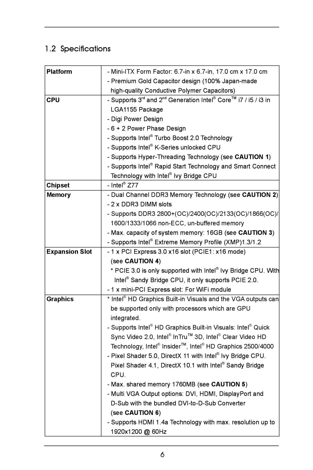 ASRock Z77E-ITX manual Specifications 