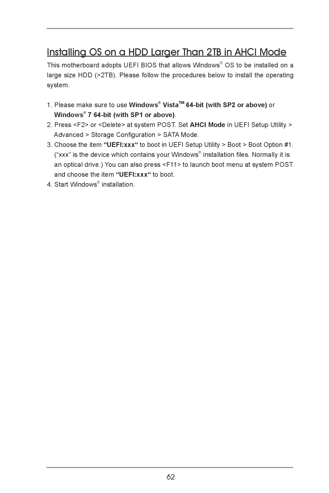 ASRock Z77E-ITX manual Installing OS on a HDD Larger Than 2TB in Ahci Mode 