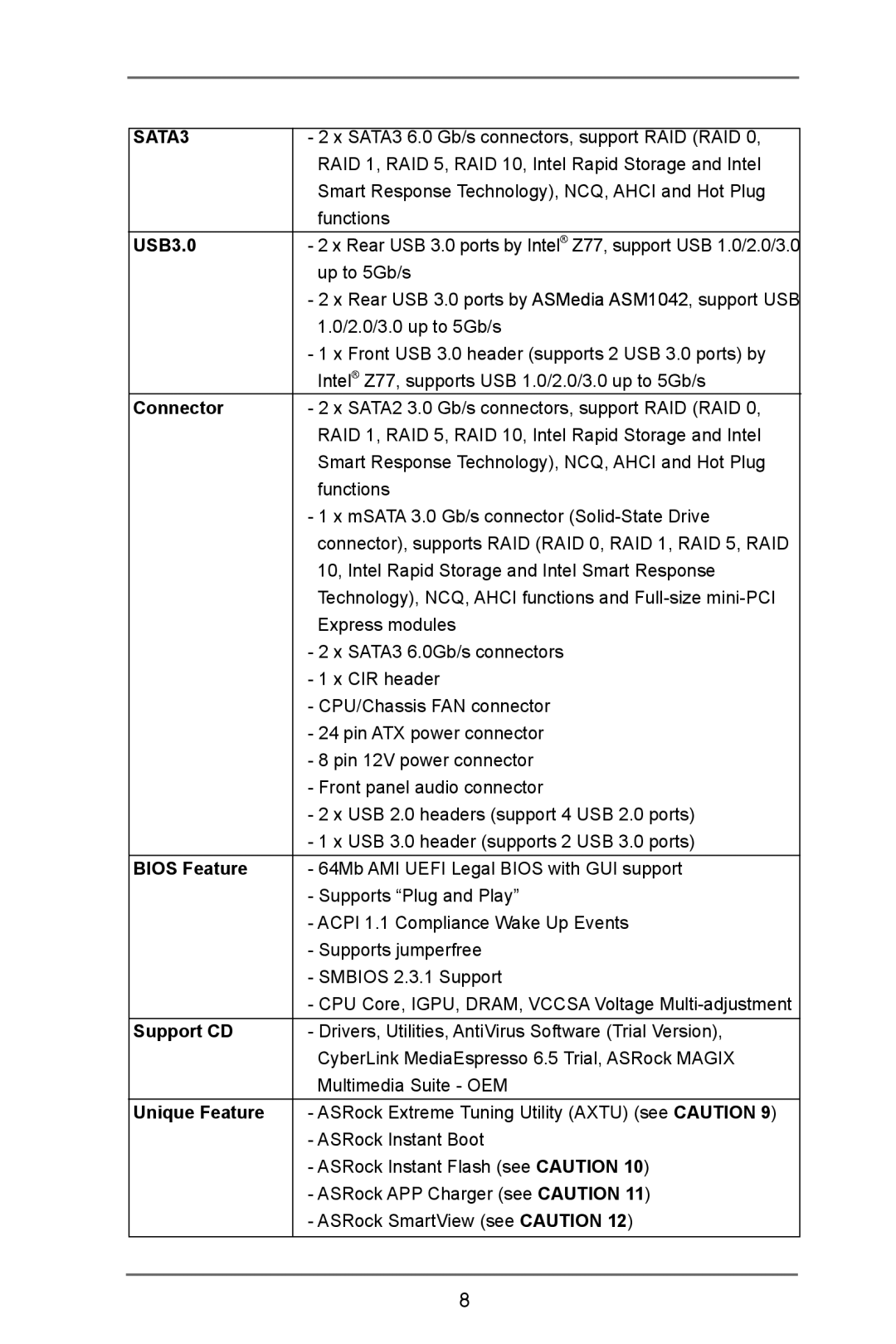 ASRock Z77E-ITX manual USB3.0, Connector, Bios Feature, Support CD, Unique Feature 