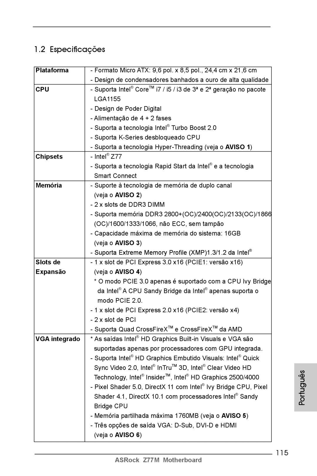 ASRock Z77M manual Especificações, 115 