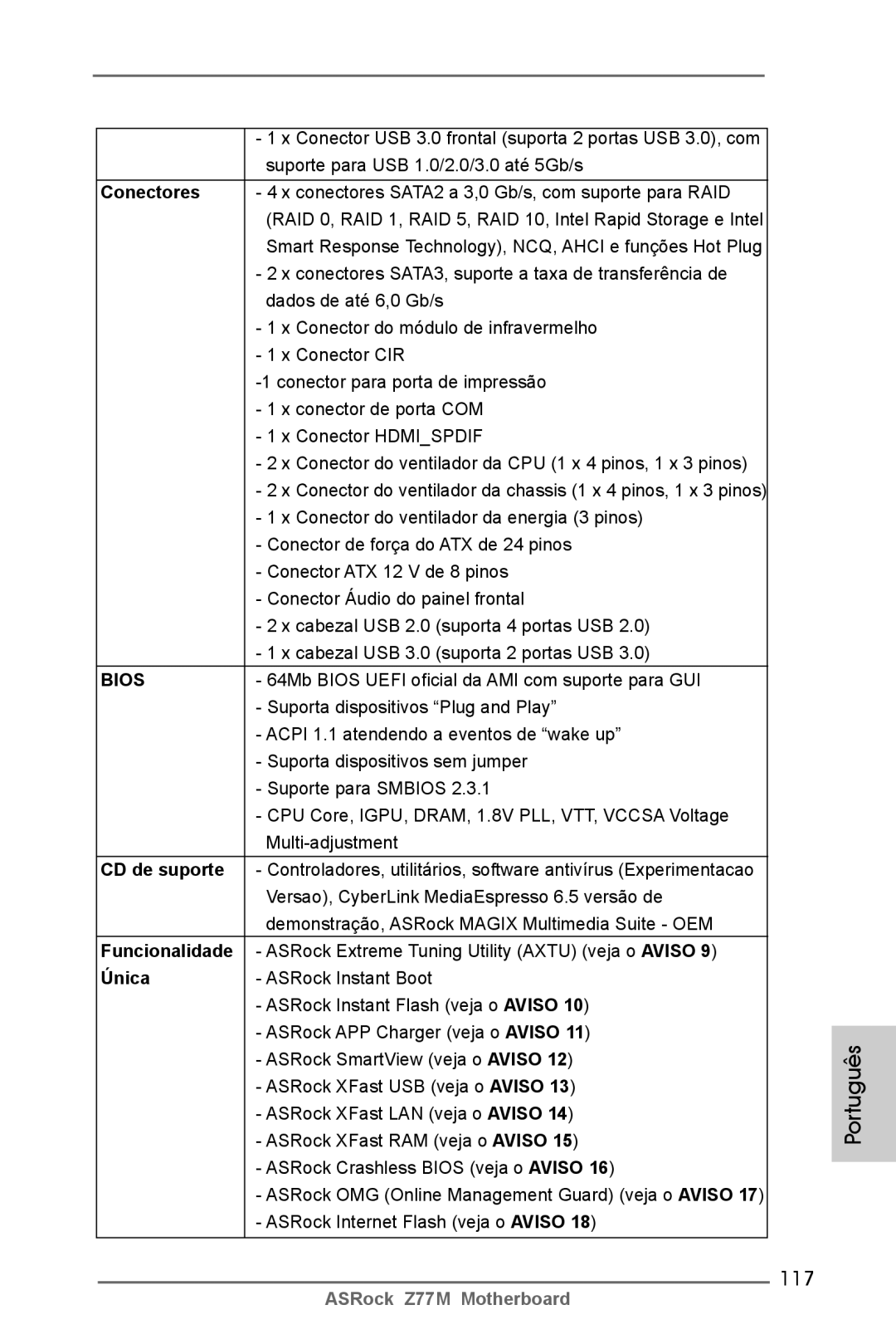 ASRock Z77M manual 117, CD de suporte, Funcionalidade 