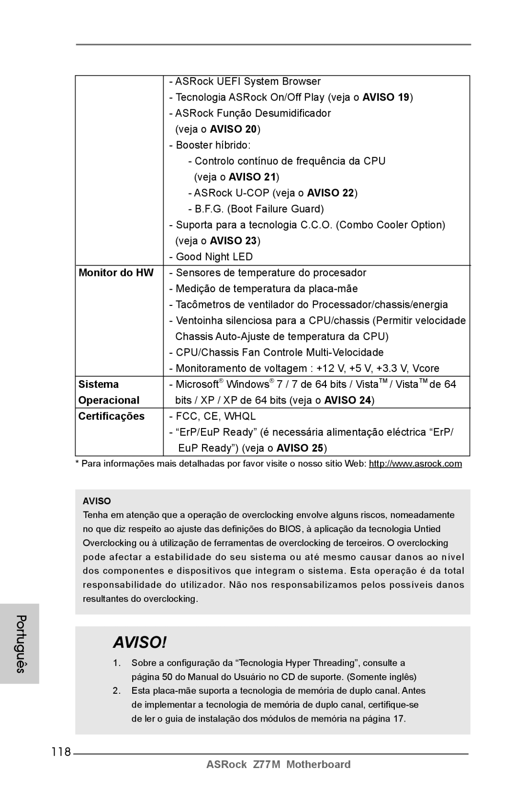 ASRock Z77M manual 118, Monitor do HW, Sistema, Operacional, Certificações 