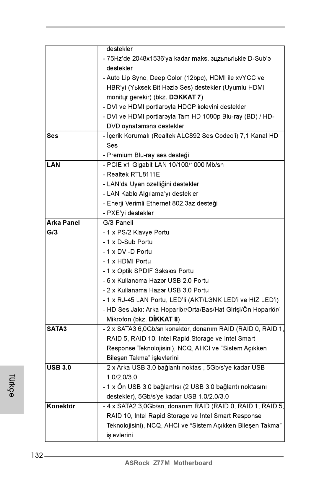 ASRock Z77M manual 132, Ses, Arka Panel, Konektör 