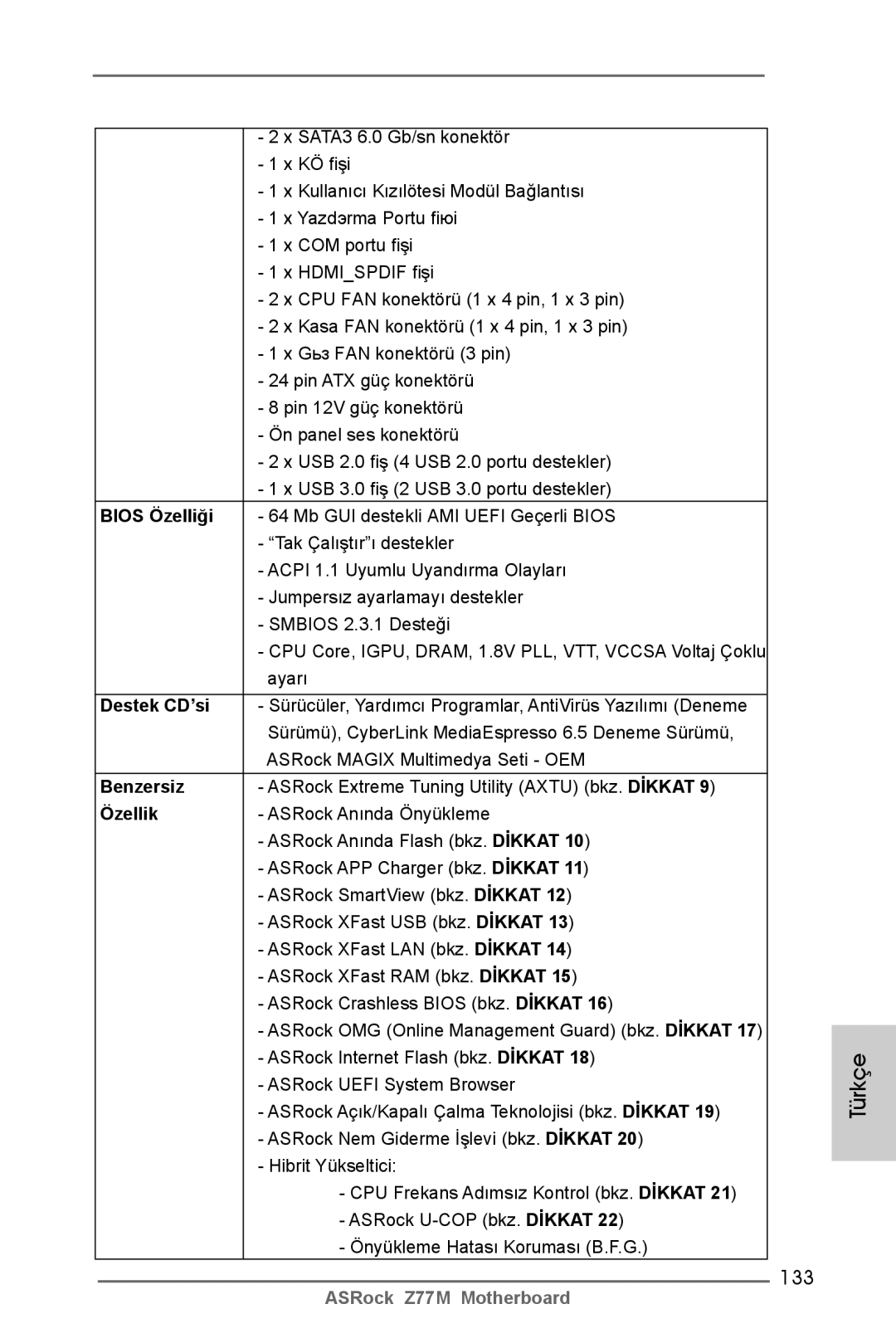 ASRock Z77M manual 133, Destek CD’si, Benzersiz, Özellik 