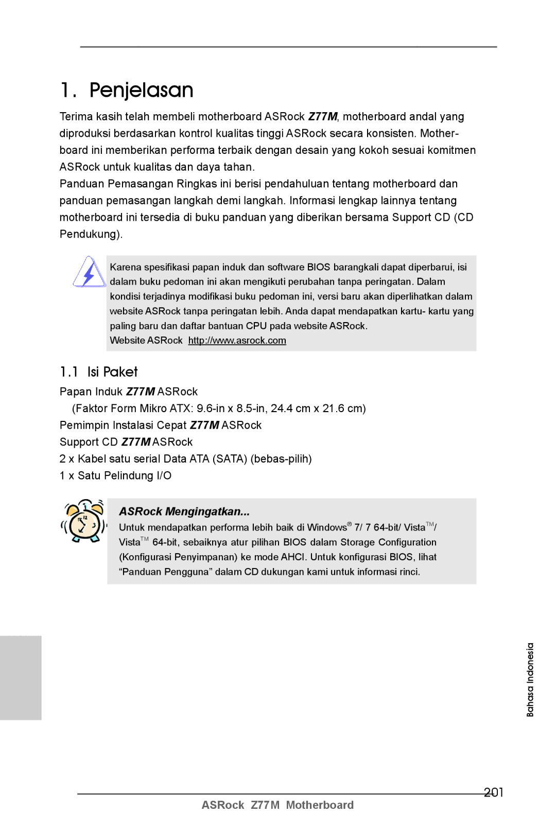 ASRock Z77M manual Penjelasan, Isi Paket, 201 