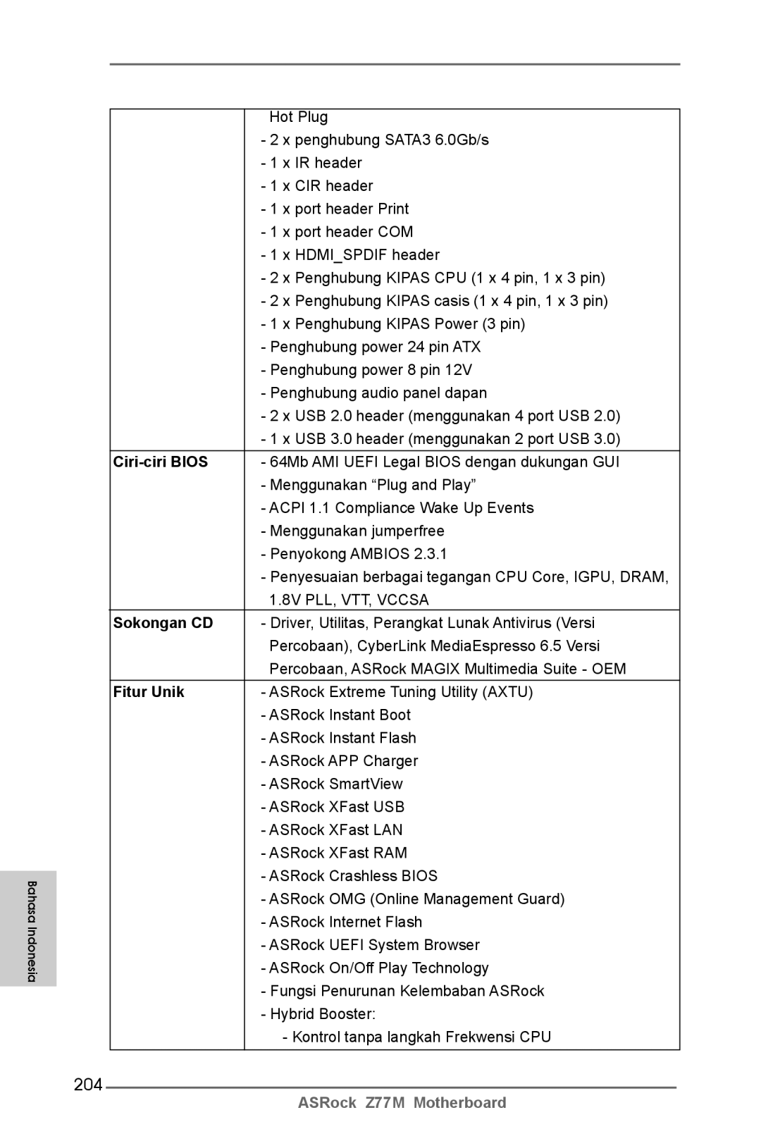 ASRock Z77M manual 204, Ciri-ciri Bios, Sokongan CD, Fitur Unik 