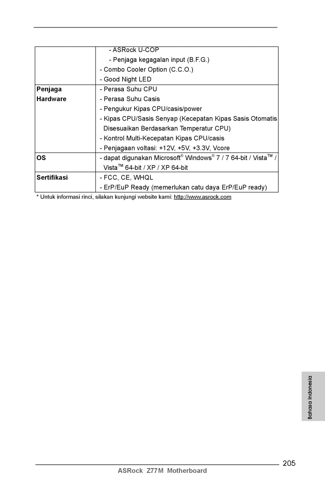 ASRock Z77M manual 205, Penjaga, Sertifikasi 