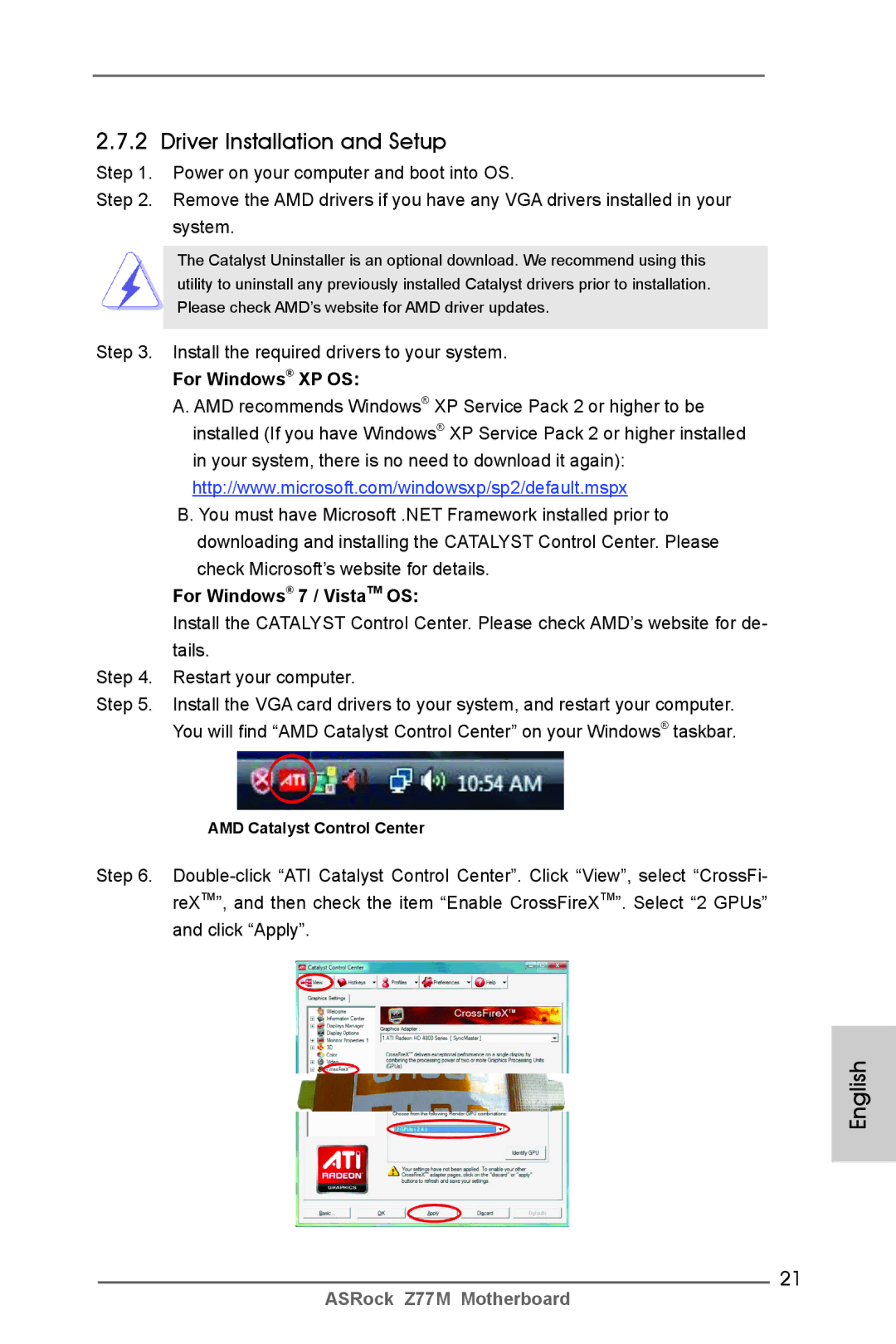 ASRock Z77M manual Driver Installation and Setup, Install the required drivers to your system, For Windows XP OS 