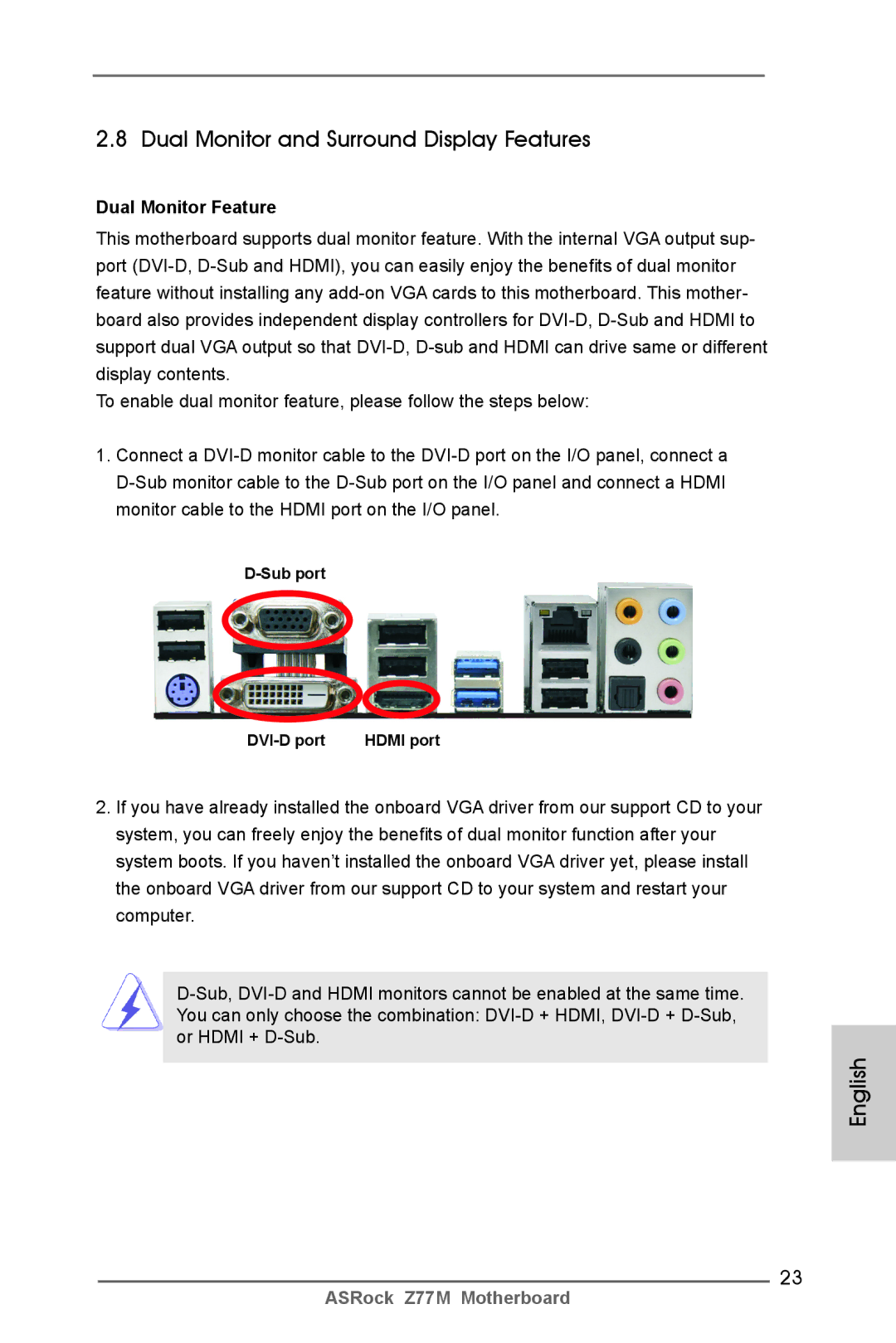 ASRock Z77M manual Dual Monitor and Surround Display Features, Dual Monitor Feature, Sub port DVI-D port 