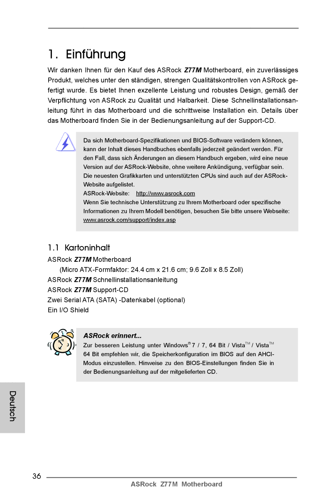 ASRock Z77M manual Einführung, Kartoninhalt, Deutsch 