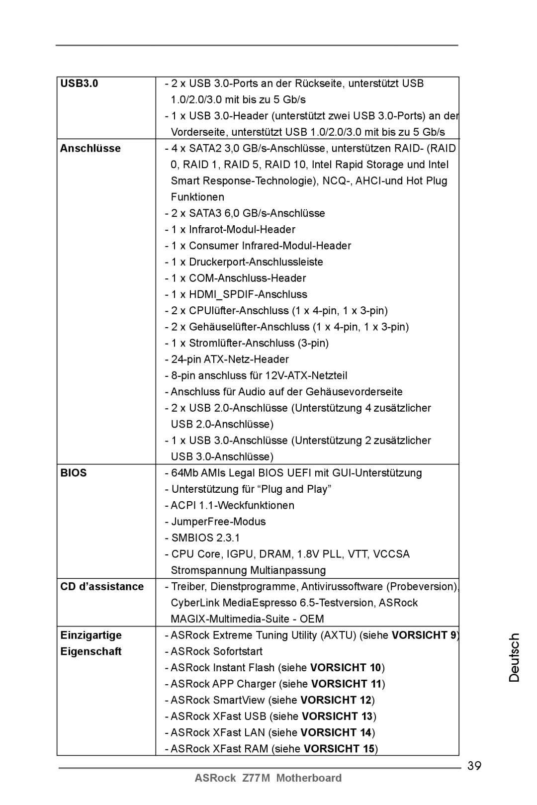 ASRock Z77M manual CD d’assistance, Einzigartige, Eigenschaft 