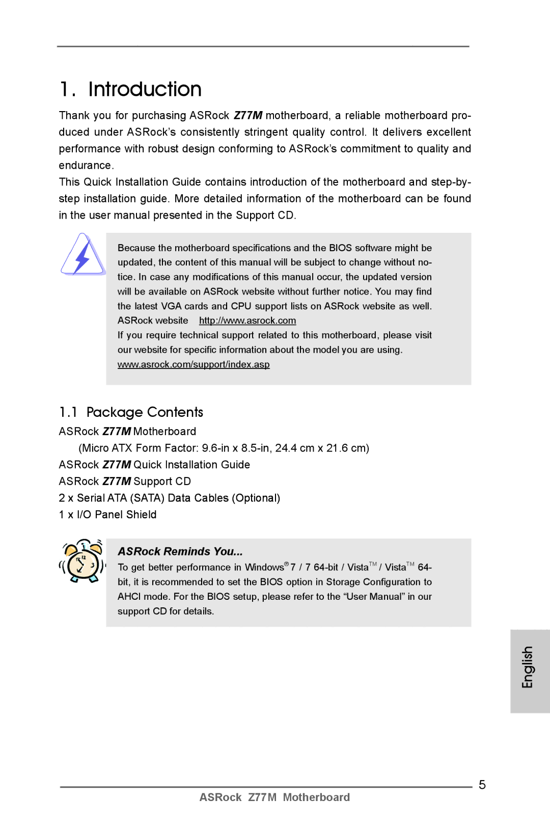 ASRock Z77M manual Introduction, Package Contents 