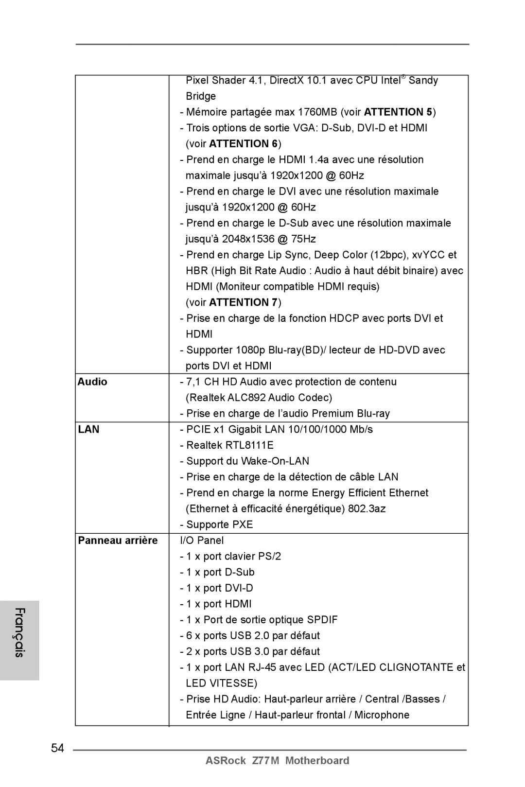 ASRock Z77M manual Prise en charge de la fonction Hdcp avec ports DVI et, Panneau arrière 