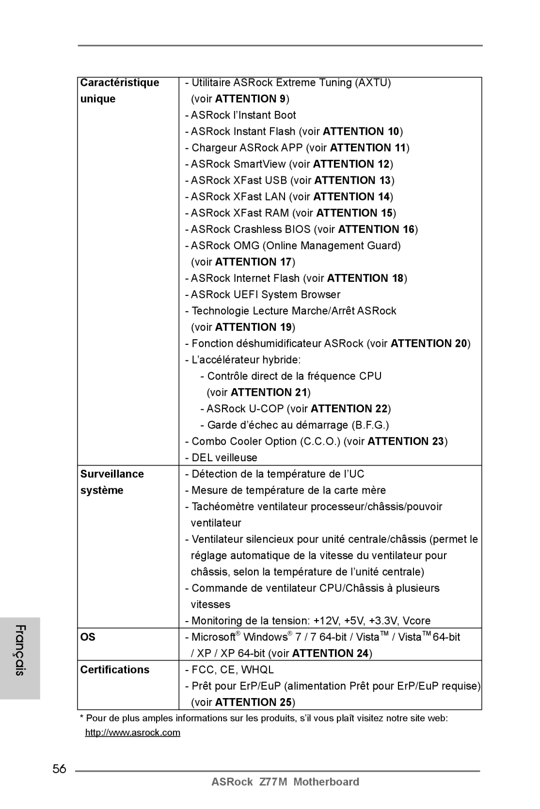 ASRock Z77M manual Caractéristique, Unique Voir Attention, Surveillance, Système 