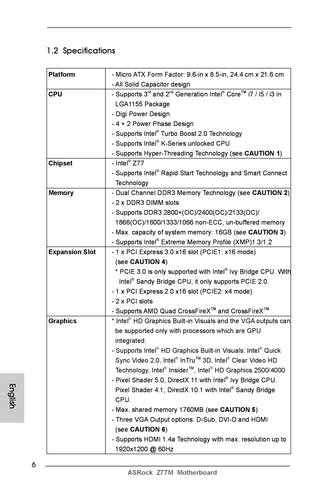 ASRock Z77M manual English Specifications 