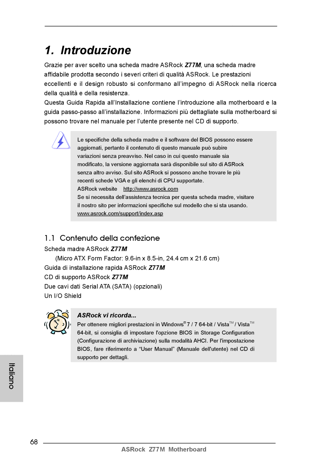 ASRock Z77M manual Contenuto della confezione, Italiano 