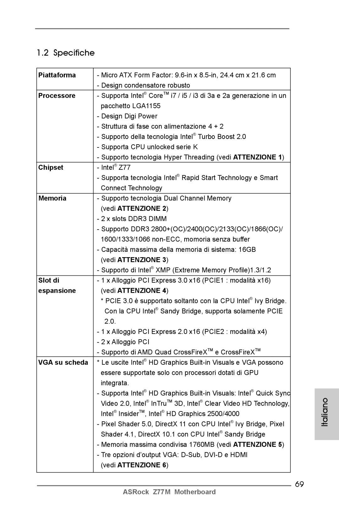 ASRock Z77M manual Specifiche 