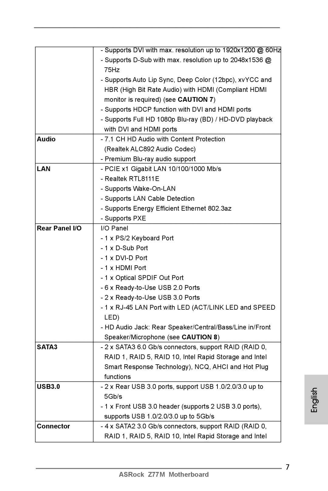 ASRock Z77M manual Audio, Rear Panel I/O, USB3.0, Connector 