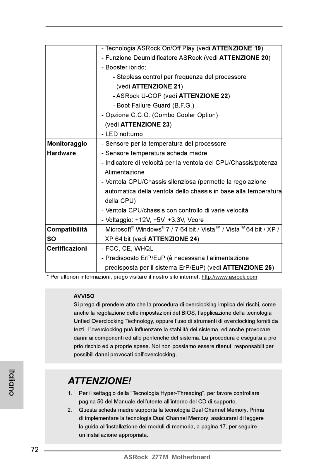 ASRock Z77M manual Monitoraggio, Compatibilità, Certificazioni 