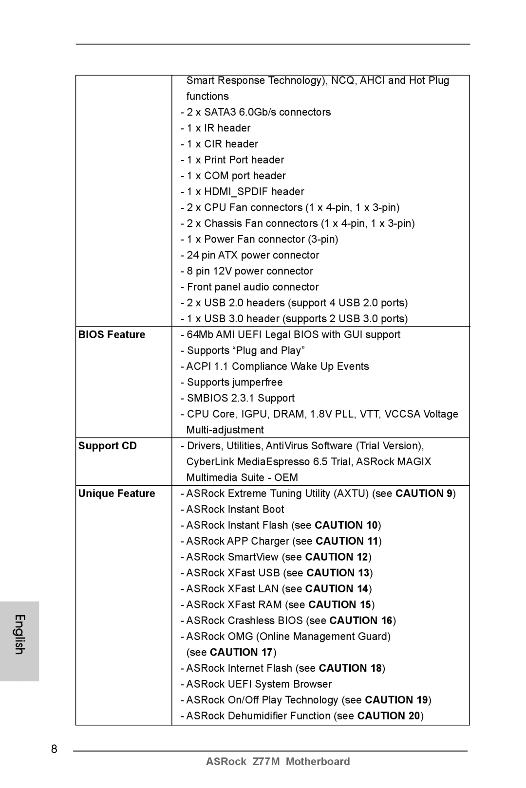 ASRock Z77M manual Support CD, Unique Feature 