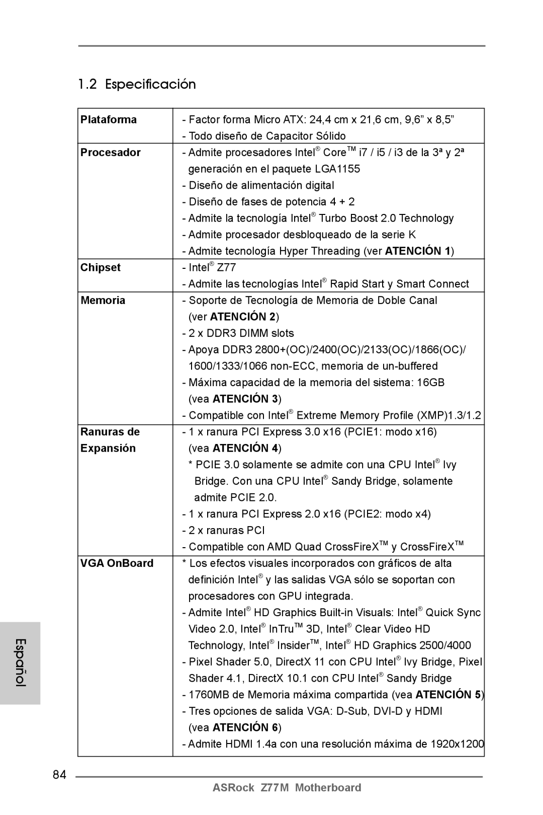 ASRock Z77M manual Español Especificación 