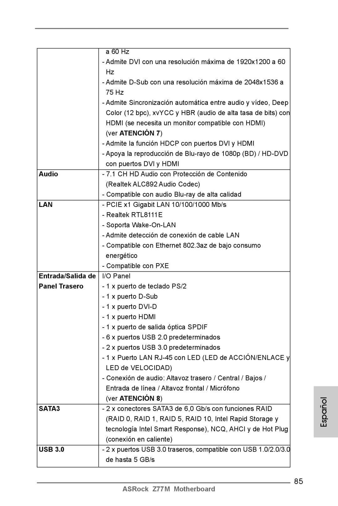 ASRock Z77M manual Entrada/Salida de, Panel Trasero 