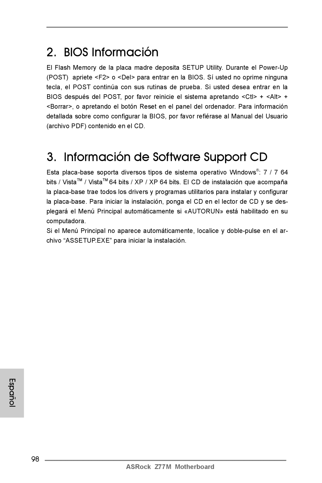 ASRock Z77M manual Bios Información Información de Software Support CD 