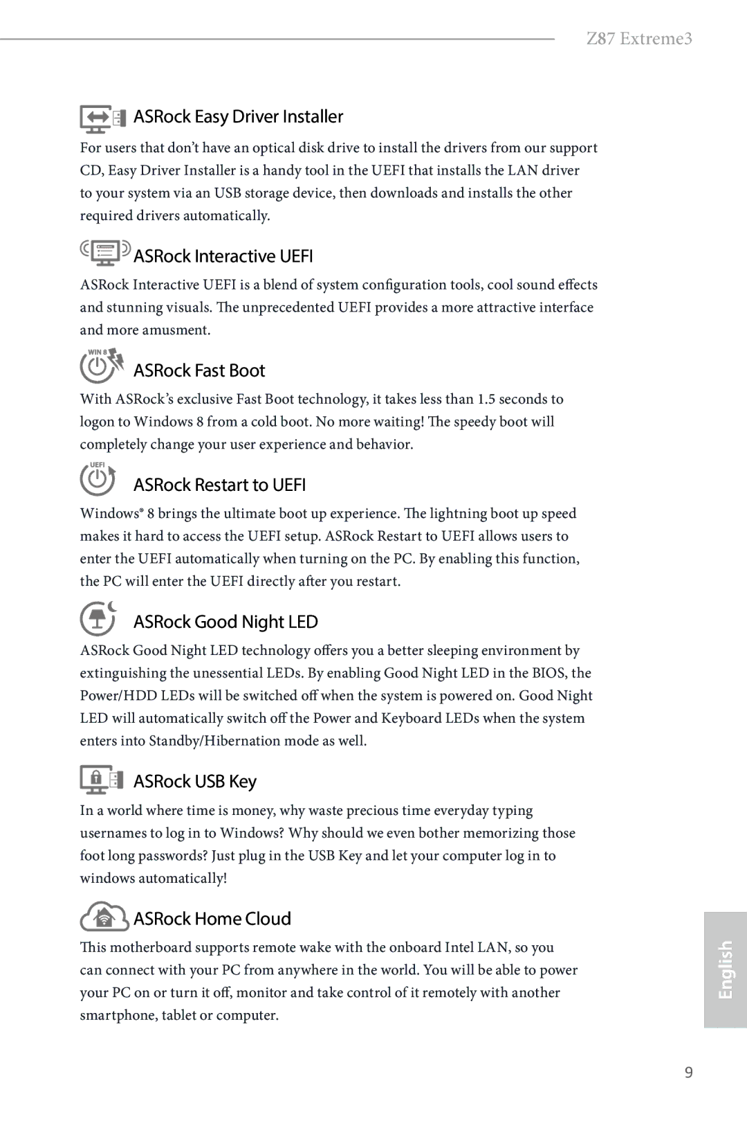 ASRock Z87 Extreme3 manual ASRock Easy Driver Installer, ASRock Interactive Uefi, ASRock Fast Boot, ASRock Restart to Uefi 