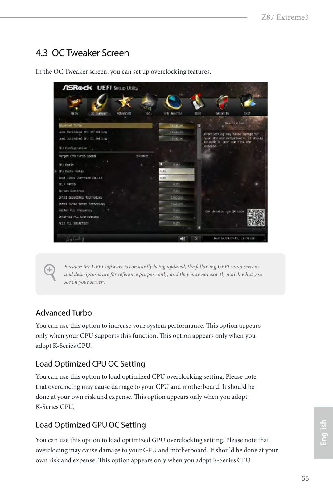 ASRock Z87 Extreme3 manual OC Tweaker Screen, Advanced Turbo, Load Optimized CPU OC Setting, Load Optimized GPU OC Setting 