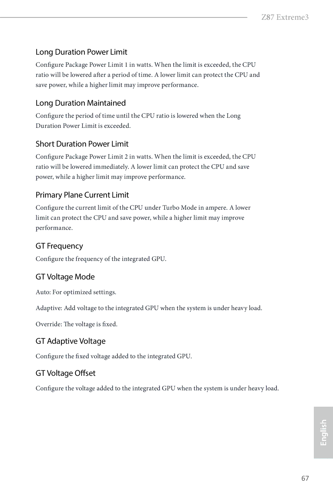 ASRock Z87 Extreme3 manual Long Duration Power Limit, Long Duration Maintained, Short Duration Power Limit, GT Frequency 
