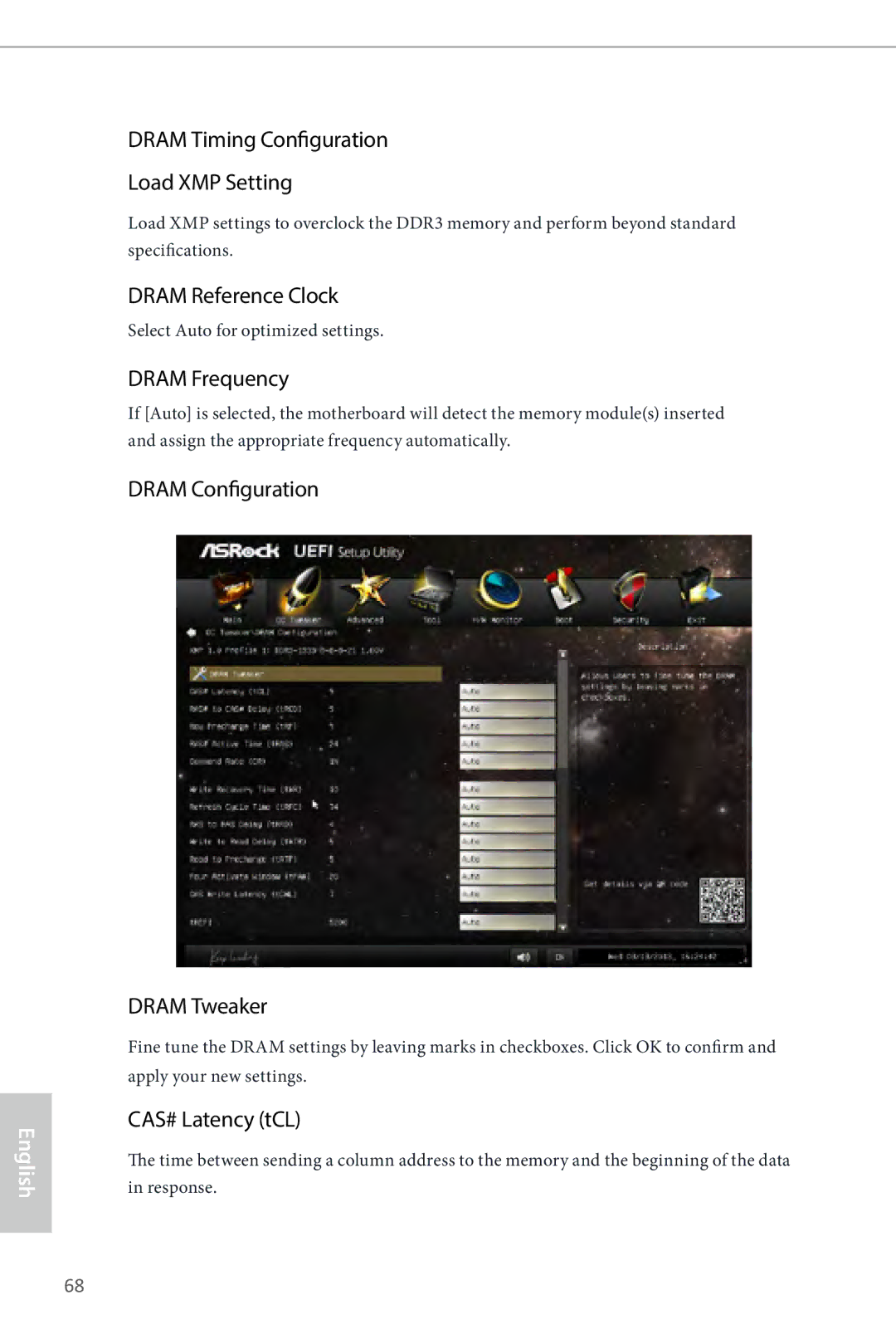 ASRock Z87 Extreme3 Dram Timing Configuration Load XMP Setting, Dram Reference Clock, Dram Frequency, CAS# Latency tCL 