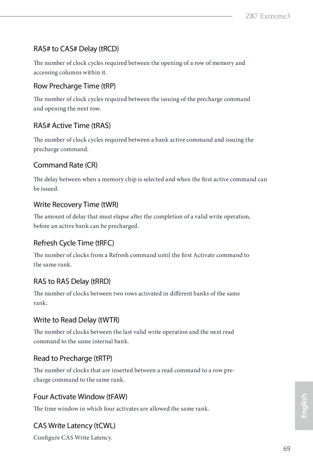 ASRock Z87 Extreme3 manual RAS# to CAS# Delay tRCD, Row Precharge Time tRP, RAS# Active Time tRAS, Command Rate CR 