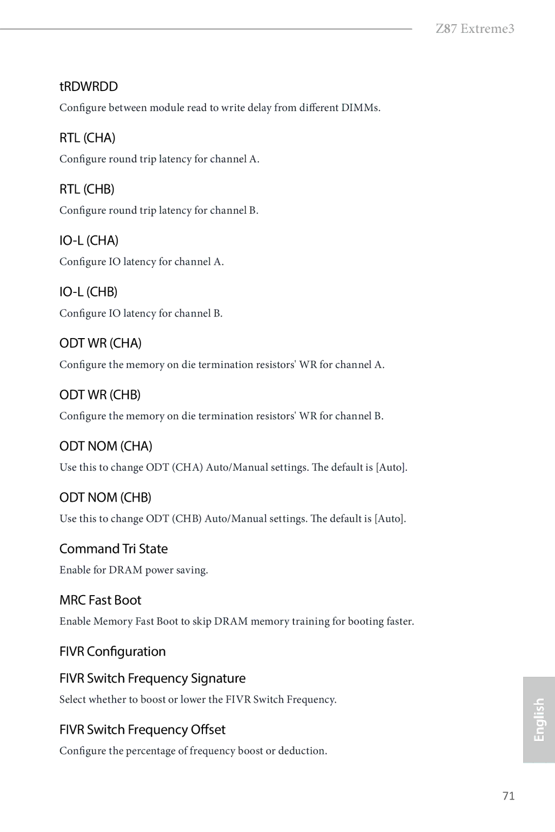 ASRock Z87 Extreme3 manual Trdwrdd, Command Tri State, MRC Fast Boot, Fivr Configuration Fivr Switch Frequency Signature 